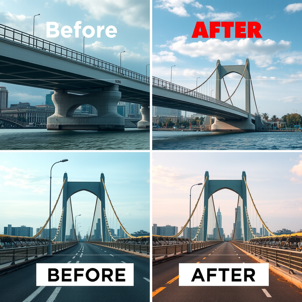Vorher-Nachher-Vergleich der Brückenfotografie, zeigt Rohdatei und bearbeitete Version mit verbessertem Kontrast, Farbkorrektur, Schärfung und optimierter Belichtung, professionelle Nachbearbeitung